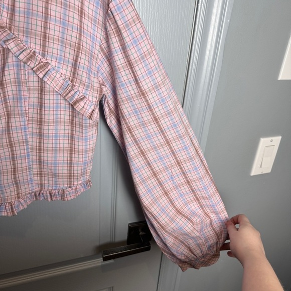 Kina and Tam Plaid & Prejudice Blouse Sz M Coquette Ruffle Romantic Regency Pink - Picture 7 of 16